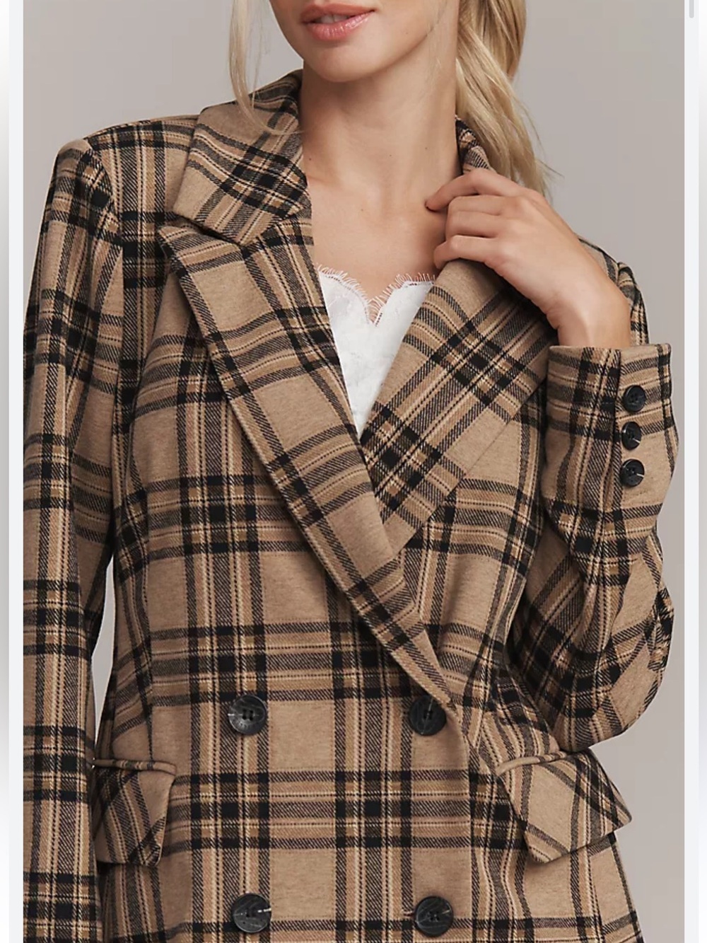 Anthropologie | Avec Les Filles Brown Double Breasted Knit Plaid Blazer Small - Picture 1 of 12